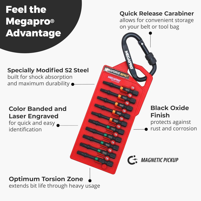 Megapro Megaforce Impact Bits | Specially Modified S2 Steel | Magnetic Pickup | Black Oxide Finish (Torx 20 & 25) - Image 2
